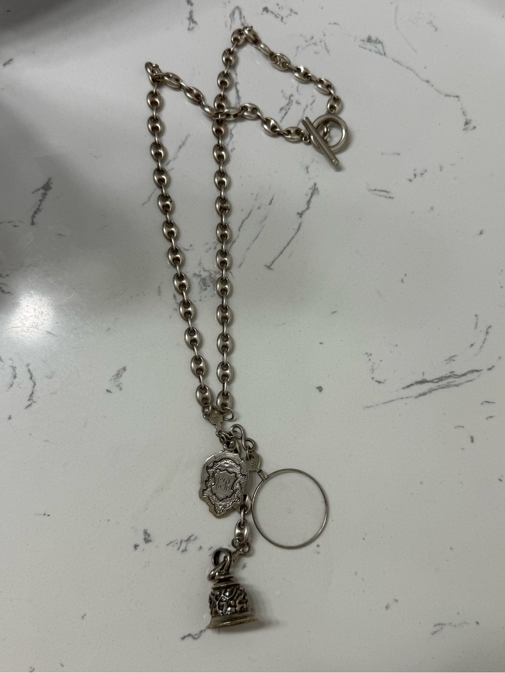 Sterling Silver Puffed Mariner Chain Necklace with Victorian-Style Fob Charms - Picture 3 of 8